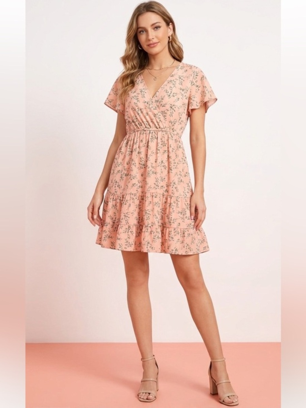 Feminine Soft Pink Floral Wrap-Style Dress Size 4